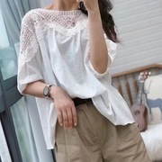2024韩国夏季镂空衬衣女，文艺圆领套头，蕾丝宽松短袖娃娃衫衬衫