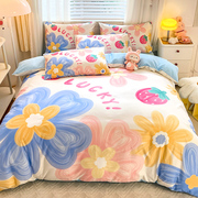 新日式纯棉儿童四件套全棉被罩床单床笠式小女孩猫咪粉色上下铺1.