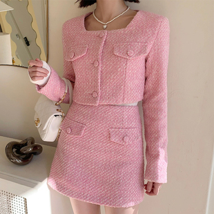 韩国chic秋季法式小香风方领单排扣短款外套+高腰半身短裙套装女