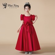 2024儿童缎面钢琴表演出服女童红色生日公主裙绑带礼服泡泡袖