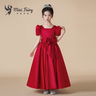2024儿童缎面钢琴表，演出服女童红色生日公主，裙绑带礼服泡泡袖