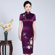 高端刺绣紫色醋酸缎旗袍，连衣裙春夏新娘，妈妈年轻喜婆婆结婚宴礼服