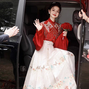 新中式国风订婚敬酒服女红色，马面裙套装汉服，2024春季连衣裙子