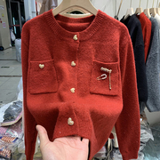小香风红色亮丝毛衣外套女2022冬设计感小众针织开衫新年衣服