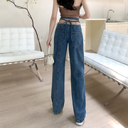 wak404098低腰直筒牛仔裤女春季辣妹系带设计感小众阔腿长裤