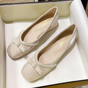 夏天复古玛丽珍鞋小码3334中低跟法式珍珠4142方头米白色温柔单鞋