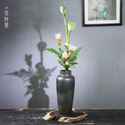 中式花器花瓶棕色青瓷，色柳瓶插花器皿花艺学习禅意，花道桌面摆件
