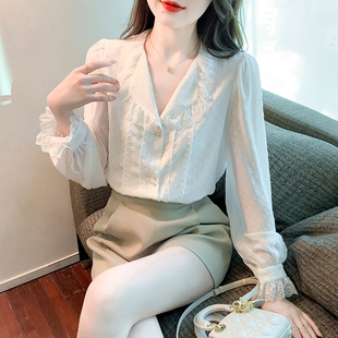 春装法式浪漫精致蕾丝白色雪纺衬衫，女设计感小众泡泡袖娃娃领上衣