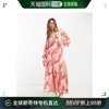 香港直邮潮奢asos女士，设计深v蝙蝠袖，粉色拼接印花长款连衣裙