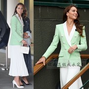 高级定制凯特王妃同款薄荷，绿西装外套+百褶半裙时尚名媛套装裙秋