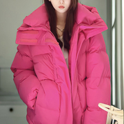 2023冬季韩版宽松加厚中长款面包服火龙果玫红色羽绒服外套女