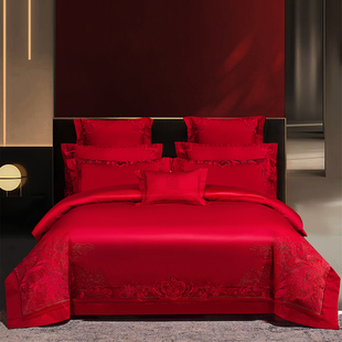 新婚庆(新婚庆)床上用品，四件套大红色全棉纯棉，绣花被套床单式婚嫁高档床品