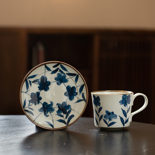 景德镇青花咖啡杯原创手绘日式陶瓷马克杯中古风茶杯大容量水杯