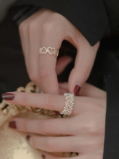 戒指女时尚个性小众设计轻奢独特珍珠冷淡风高级感开口食指环女士