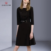 时尚气质连衣裙2024春季五分袖，黑色显瘦收腰高级系带双排扣