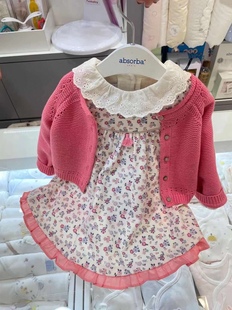 韩国童装春女童宝宝娃娃，领碎花连衣裙玫粉色开衫毛衣套装