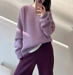 颜色JUE美 宽松慵懒 羊绒+羊毛圆宝针宽松针织衫紫色圆领套头毛衣