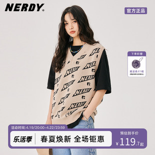 NERDY2022春夏斜面LOGO针织背心V领无袖宽松短款马甲外套女潮