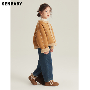 Senbaby女童冬装儿童一体绒衣服韩版童装中大童柔软麂皮绒外套
