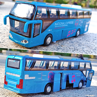 合金客运巴士模型声光回力五开门大巴，创意摆设玩具模型