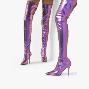 欧美夜店钢管舞靴尖头高跟细跟紫色过膝长靴胖mm大筒围性感弹力靴