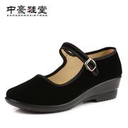 老北京布鞋女鞋坡跟单鞋，酒店中跟黑色工作鞋跳舞软底服务员上班鞋