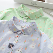 夏季日系甜美小清新可爱兔子印花翻领短袖衬衫，女紫色衬衣上衣