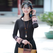 民族风复古改良圆领别致刺绣上衣春装新中式搭配半身裙的黑色T恤