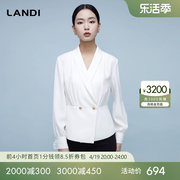 landi蓝地优雅白法式(白法式)高级感西装领衬衫，女收腰长袖上衣2024春