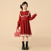 女童连衣裙秋冬季红色裙子中大童，娃娃领毛衣裙，儿童公主裙过年服