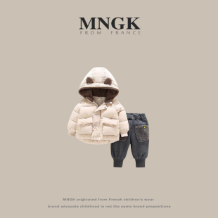 法国MNGK宝宝棉衣套装冬装婴儿棉袄男童加绒加厚棉服冬季外套