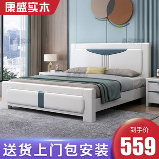 全实木床主卧1.8米橡木双人床现代简约压纹实木床，1.5储物婚床白色