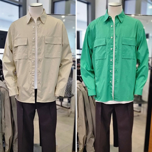 0308春款EZIO男士米色绿色纯色翻领纯棉对称口袋宽松休闲长袖衬衫