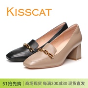 kisscat接吻猫2024春款粗跟金链条(金链条)高跟，羊皮中口乐福鞋女鞋单鞋