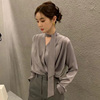 韩国chic春季洋气气质V领系飘带设计感宽松泡泡袖褶皱纯色衬衫女