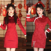新中式高级红色加绒改良旗袍秋冬加绒日常连衣裙短款小个子拜年服