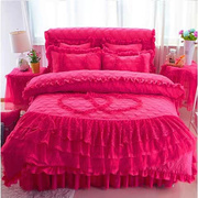l婚庆四件套韩版公主，风蕾丝夹棉床裙1.8米粉色，被罩玫红床罩4件套