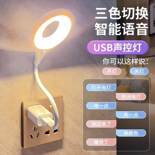 智能语音台灯控制灯usb声控灯感应灯，led插口小夜灯一体床头灯