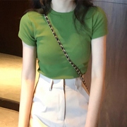 绿色纯棉短袖T恤女春夏欧货洋气简约修身显瘦圆领套头上衣潮