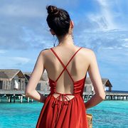 马尔代夫沙滩裙海边度假裙气质，露背长裙红色，吊带裙连衣裙长裙女夏