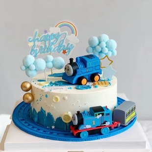 托马斯蛋糕装饰摆件电动轨道蓝色火车头装饰男孩，儿童生日烘焙插件