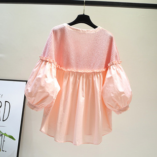 粉色灯笼袖针织拼接棉布娃娃衫女2023夏季法式宽松甜美木耳边衬衣