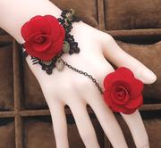 外贸韩版蕾丝手链 玫瑰花手链带戒指一体链饰品