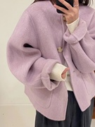 宽松紫色圆领短款双面羊绒，大衣女小香风小个子，羊毛呢外套2023春装