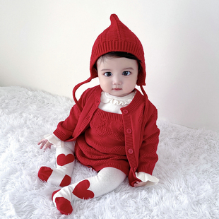 女宝婴儿毛衣外套春秋冬大红全棉针织，开衫菱格长袖毛衫上衣周岁