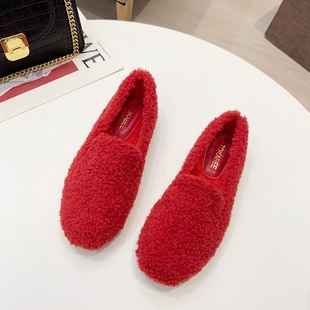 毛毛鞋女冬外穿2023百搭红色圆头软底平跟平底加绒保暖单鞋