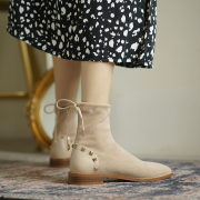 大码靴子女冬41-43平底短靴，黑色马丁靴，铆钉磨砂后系带弹力瘦瘦靴
