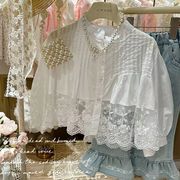 小女孩儿童宝宝春秋季装法式蕾丝，花边裙摆式宽松长袖白色衬衫上衣