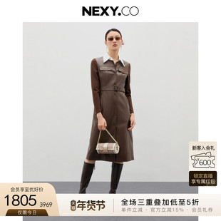 NEXY.CO/奈蔻2023年秋季小众设计感长袖中长款拼接皮连衣裙女