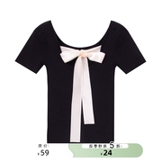 5折针织t恤女短袖夏季小众设计感蝴蝶结系带方领T恤